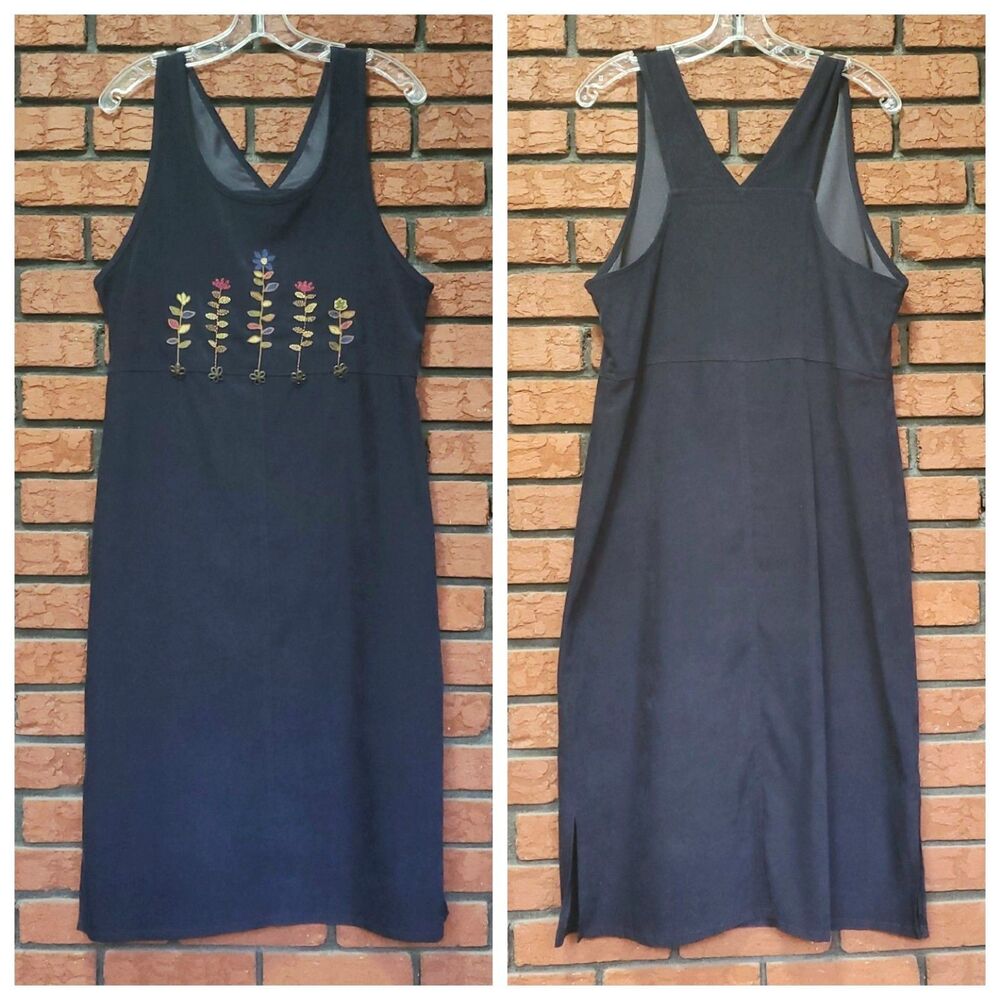 Vintage Embroidered Jumper Overall Dress Sz S Faux Suede Floral Teacher Cottage